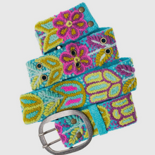 Load image into Gallery viewer, Colorful floral motif handwoven belt in wool fabrication with metal buckle. Colors include bright yellows, turquoise, and hot pinks.
