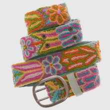 Load image into Gallery viewer, Colorful floral motif handwoven belt in wool fabrication with metal buckle. Colors include bright oranges, yellows, blues, and pinks.
